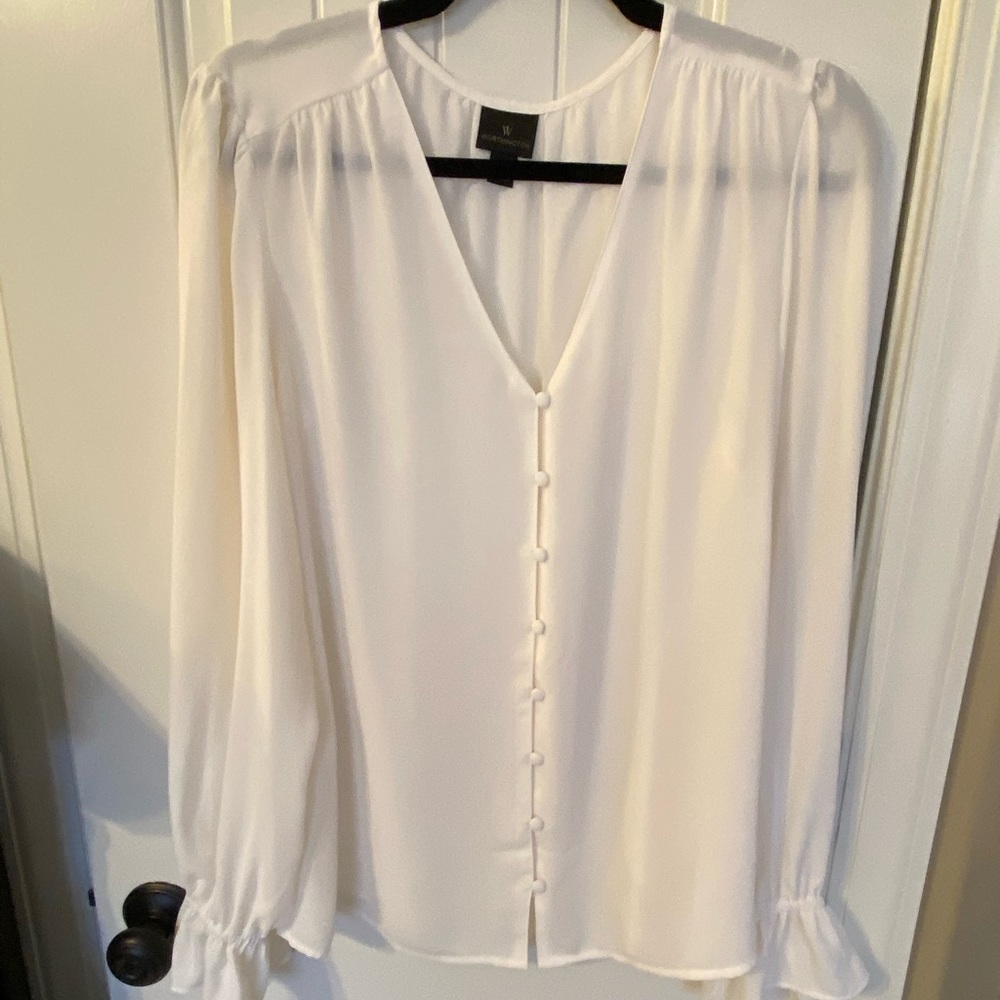 WORTHINGTON Georgette Sheer Ruffle and Pleat Detail Blouse, Ivory